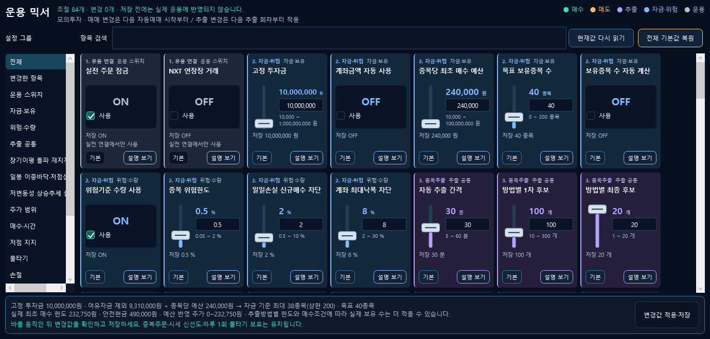 실제 차트웨이브 운용 믹서 전체 화면. 자금, 위험, 추출 조건을 조절하는 카드와 설정 그룹
